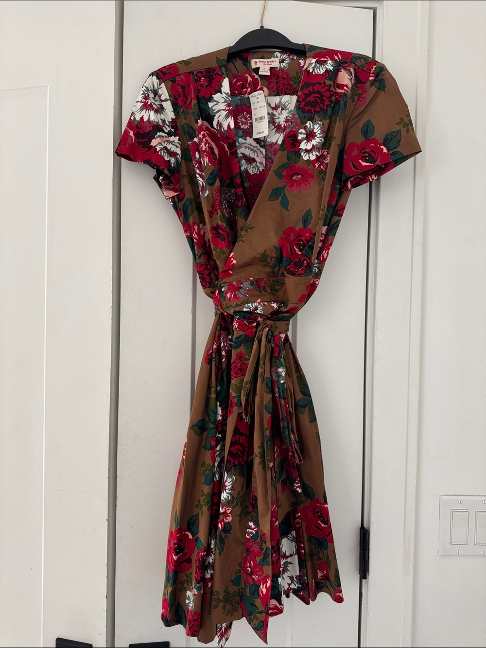Brooks Brothers Brown Midi Dress with Red & White Floral Print